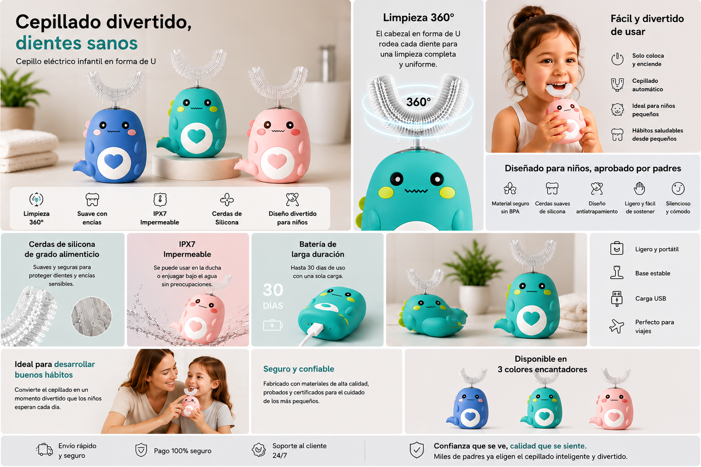 Children U-Shaped Electric Toothbrush 360 Degrees Smart Cartoon Kids Silicone Toothbrush Automatic Rechargeable Sonic Toothbrush (Copia)